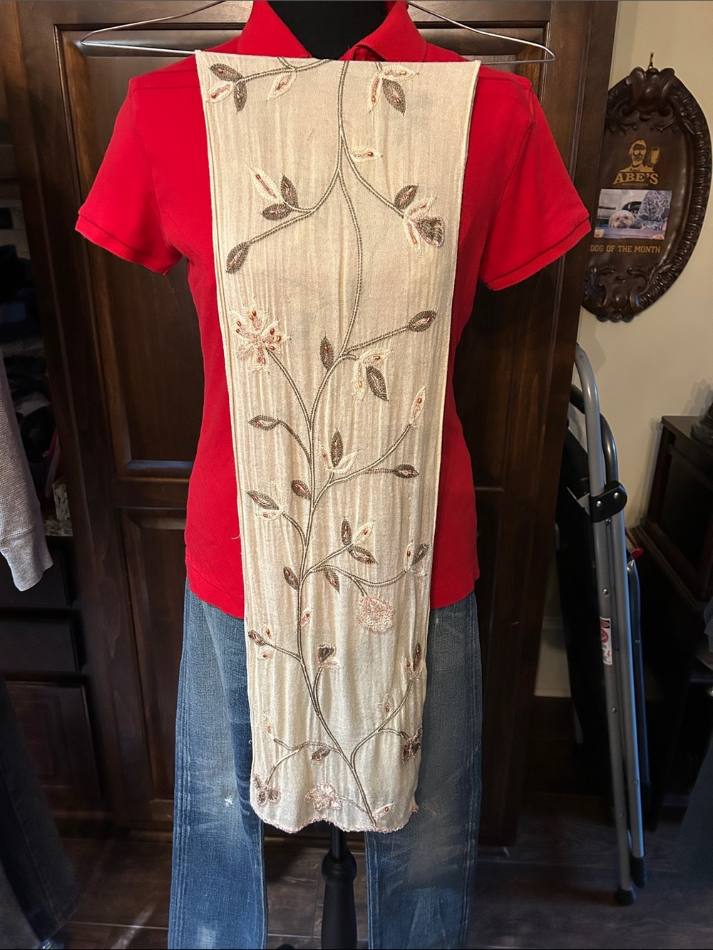 XL Muslin Scarf w Beaded Floral design and Embroidery